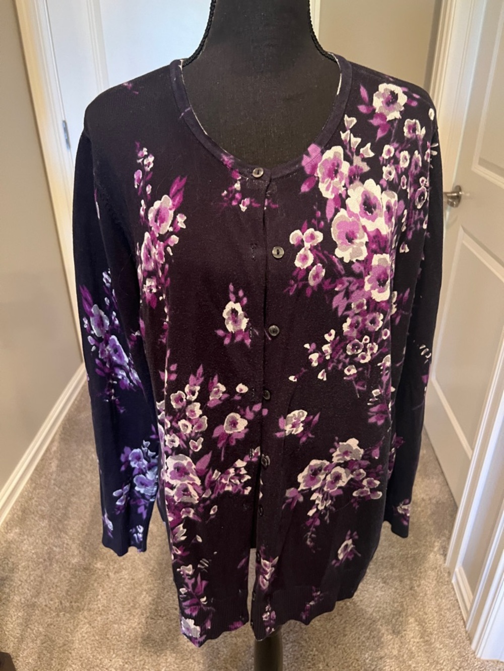 croft & barrow Black Cardigan with Purple Floral Print